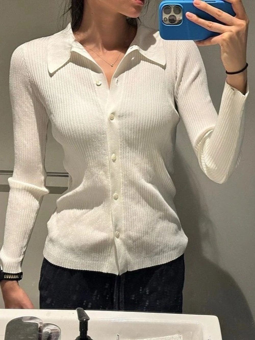 Babaton Ribbed Collared Long Sleeve Cardigan White